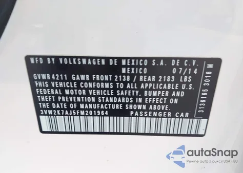 2015 Volkswagen Jetta 2.0L S z USA, uszkodzony, nr VIN 3VW2K7AJ5FM201964